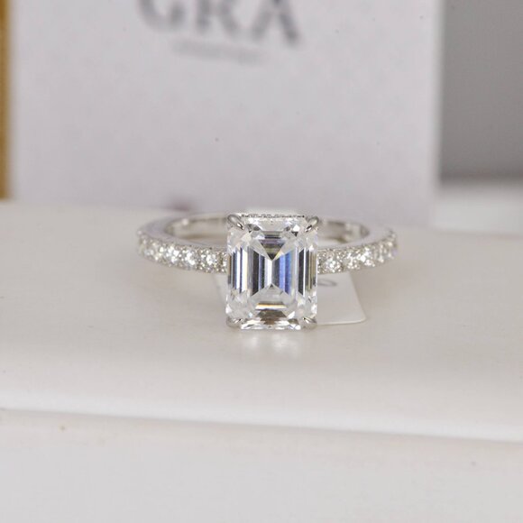 Certified 4.6ct Emerald Cut with Hidden Halo Moissanite Ring 925 Sterling - Picture 2 of 16